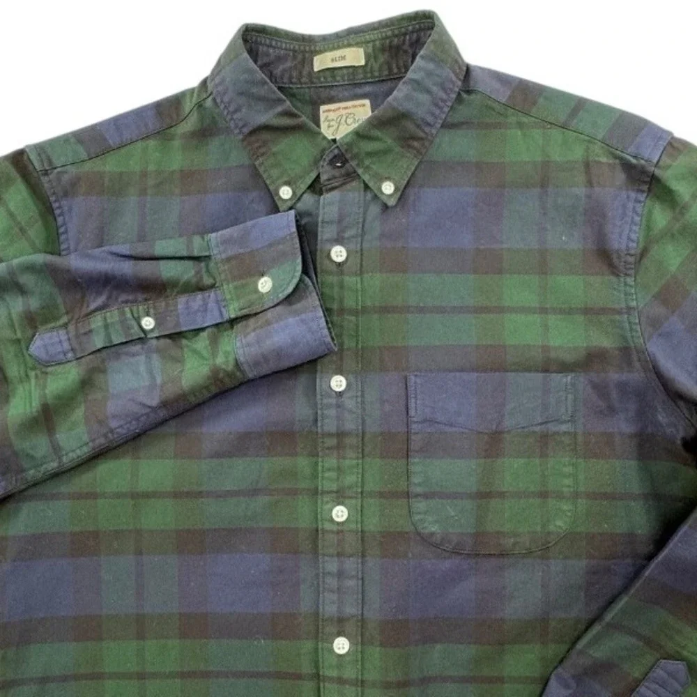 J. Crew Pima Cotton Button Down Shirt Plaid Long Sleeve‎ Green Blue Slim M